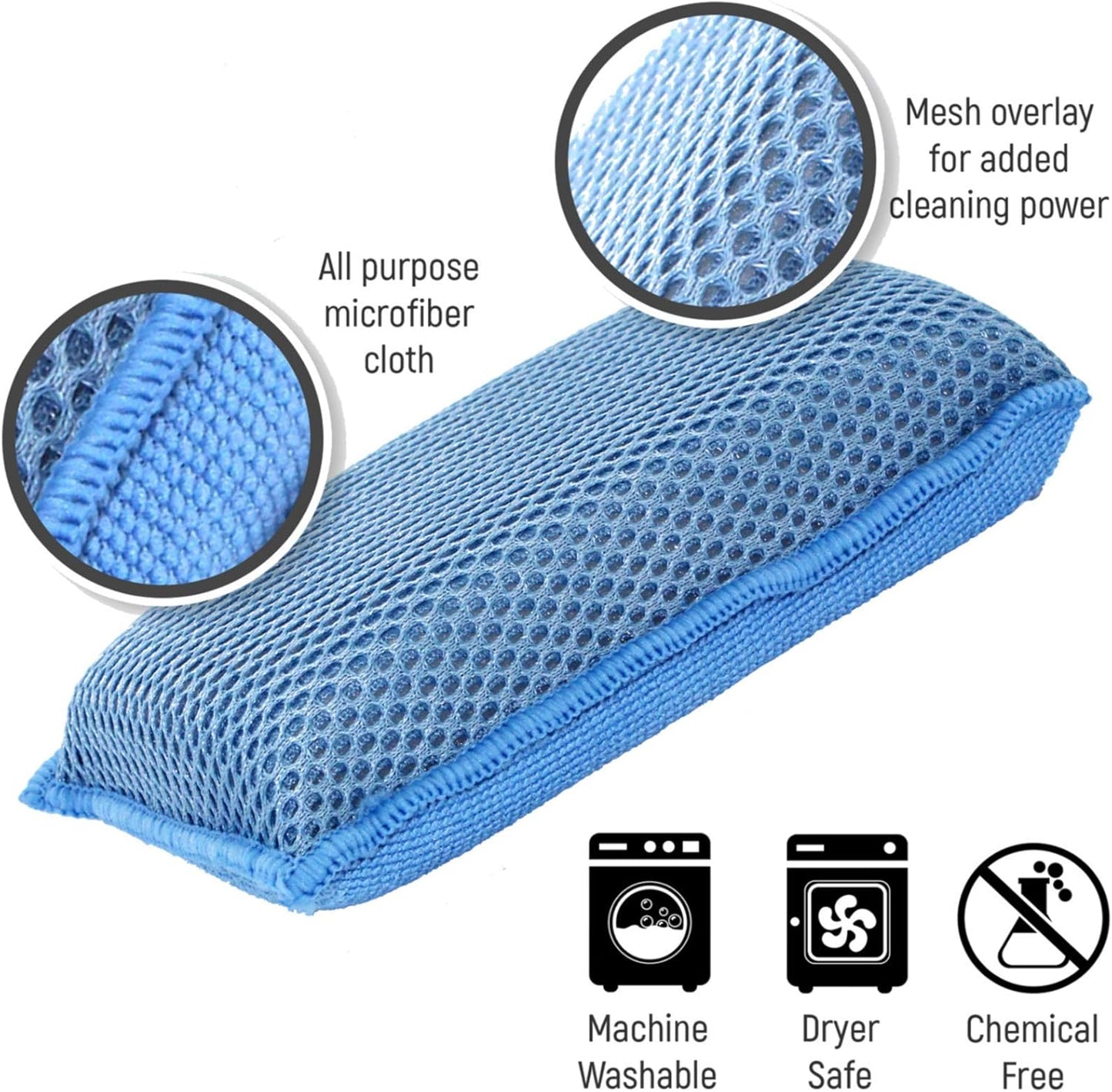 Miracle Microfiber Kitchen Sponge by - Non-Scratch Heavy Duty Dishwashing Cleaning Sponges- Machine Washable - (Blue)