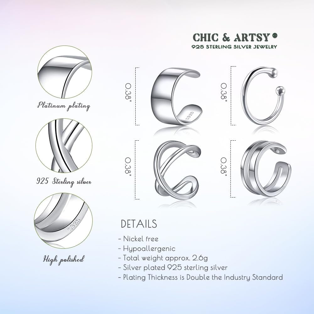 Cuff Earrings 925 Sterling Silver Ear Cuff Earrings CZ Non-Piercing Fake Helix Cartilage Cuff Earrings Conch Cuffs Earrings for Women Various Styles