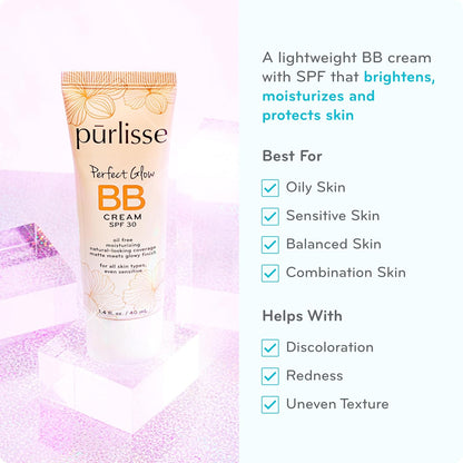 Purlisse Perfect Glow BB Cream SPF 30: Clean & Cruelty-Free, Medium Flawless Coverage, Hydrates with Jasmine | Medium 1.4Oz