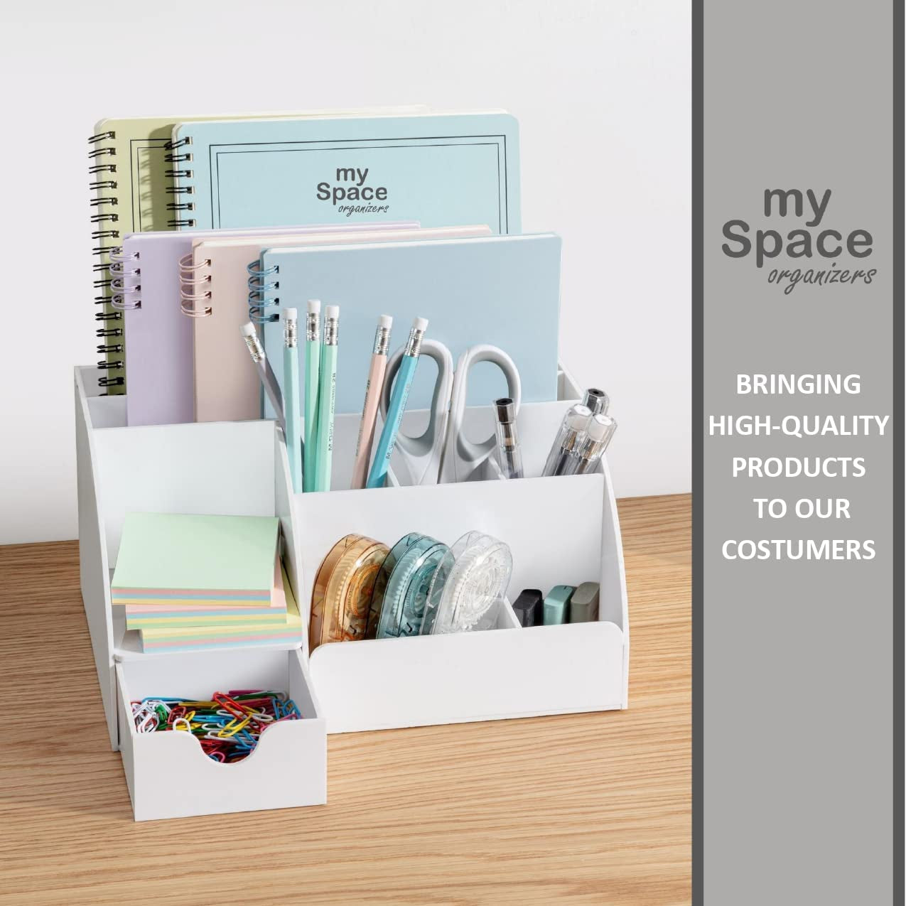 Office Desk Organizer, White Acrylic with Drawer, 9 Compartments - All in One Office Supplies and Cool Desk Accessories Pen Holder, Enhance Your Office Decor Desktop (White).